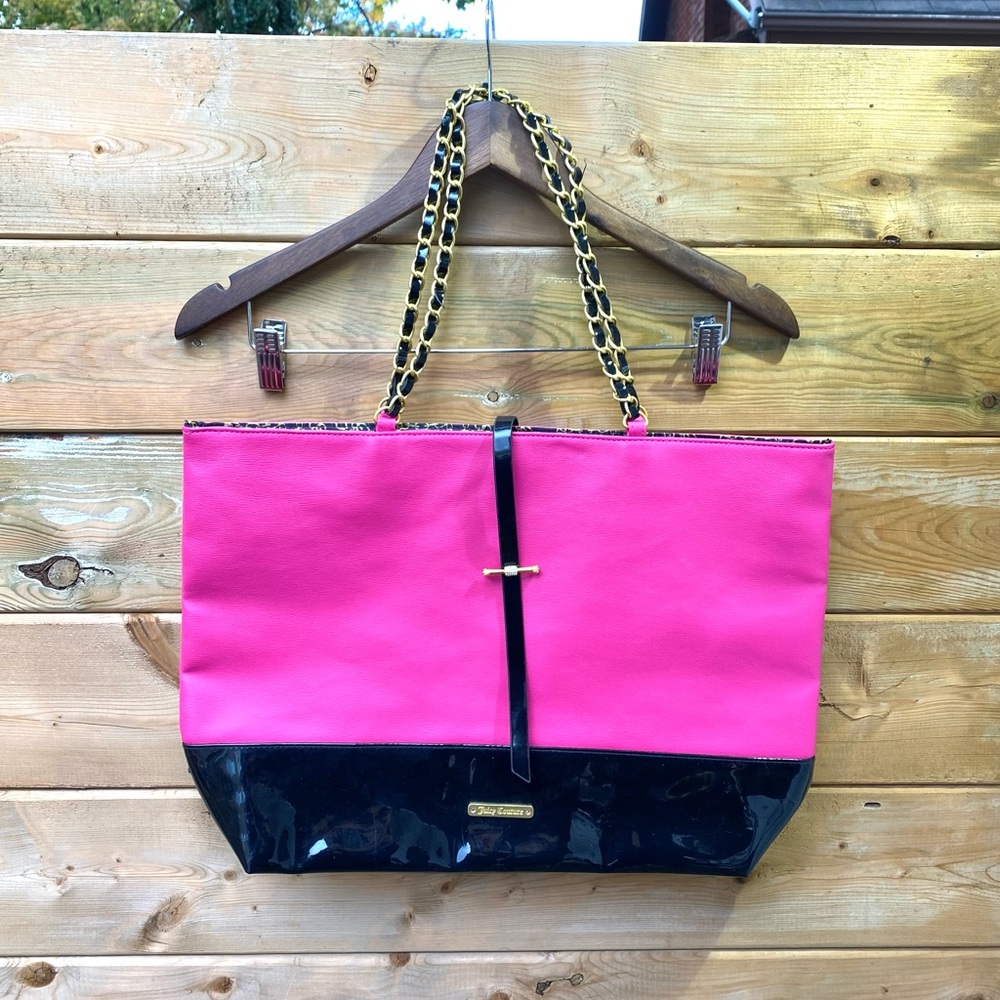 Juicy Couture Glam Tote Bag Pink Black Patent Leather Gold Chain Purse